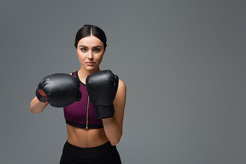 pretty sportswoman  while boxing isolated on grey