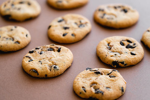 Cookies with chocolate chips on brown background