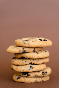 Close up view of cookies with chocolate chips on brown background