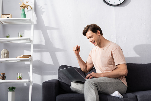 Positive man showing yeah gesture while using laptop in living room, concept of earning online