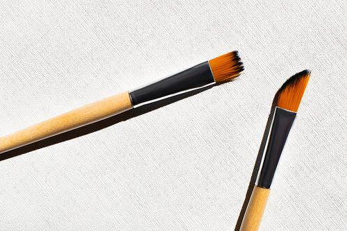 top view of paintbrushes on white textured background