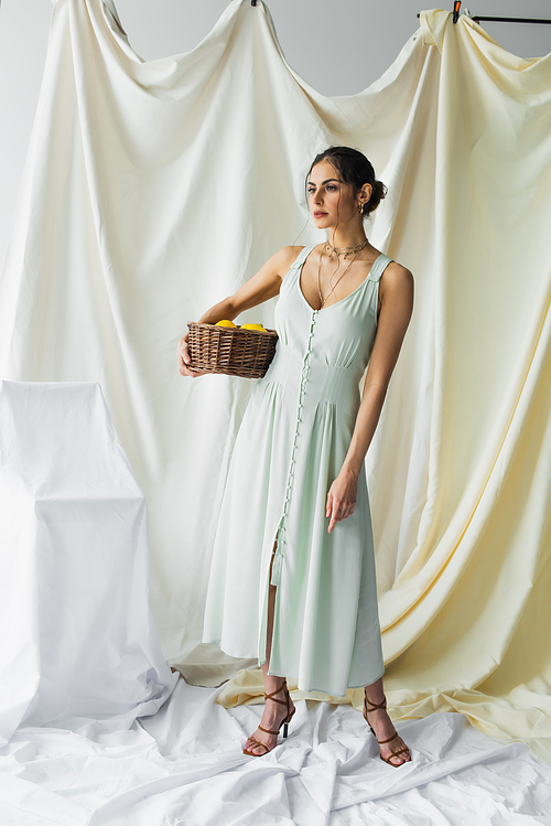 full length of woman in dress holding wicker basket with lemons on white