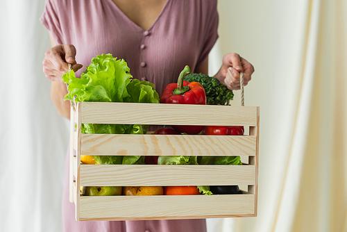 cropped view of woman holding wooden box with vegetables on white