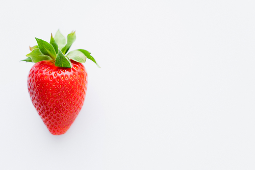 Close up view of red strawberry on white background with copy space