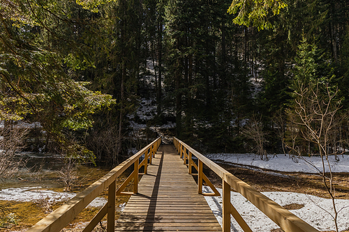 Wooden bridge above river in spring forest