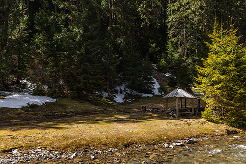 Wooden alcove on river shore near forest