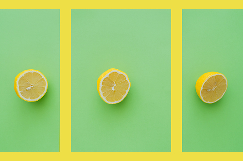 Top view of halves of lemons on green and yellow background