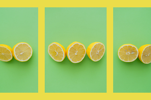 Top view of halves of fresh lemons on green and yellow background