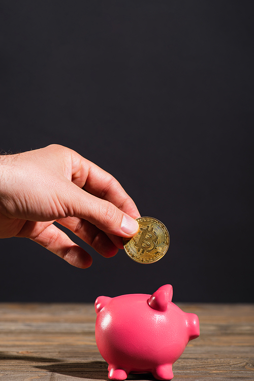 KYIV, UKRAINE - APRIL 26, 2022: Cropped view of man holding bitcoin near piggy bank on wooden surface isolated on black