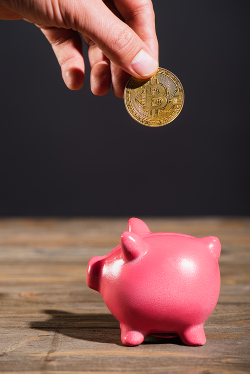 KYIV, UKRAINE - APRIL 26, 2022: Close up view of man holding golden crypto coin near piggy bank on wooden surface isolated on black