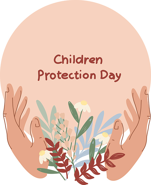 illustration of female hands near flowers and children protection day lettering on pink,stock illustration