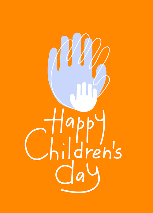illustration of abstract adult and child hand prints near happy children day lettering on orange,stock illustration