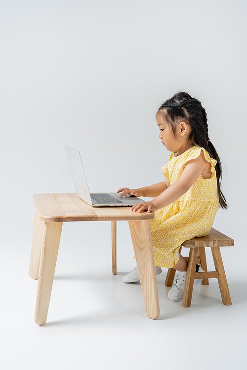 side view of asian girl in yellow dress using laptop on grey