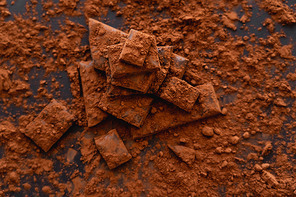 Top view of dry cocoa on chocolate pieces on black background