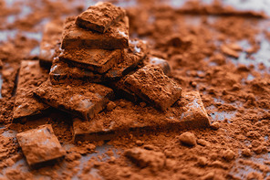 Close up view of cocoa powder and dark chocolate on black background