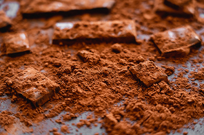 Close up view of natural dry cocoa and chocolate on black background