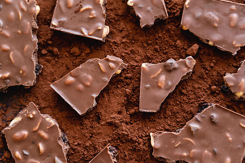 Top view of chocolate with nuts on cocoa powder