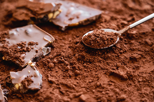 Close up view of spoon near chocolate with nuts on dry cocoa