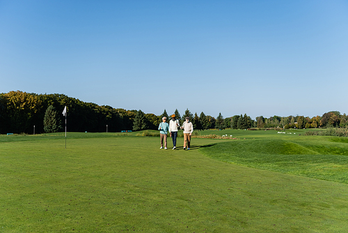 asian man in sunglasses walking with senior multiethnic friends on golf field