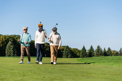 senior interracial friends walking with golf clubs on green field