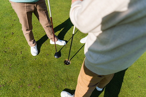 cropped view of senior man holding flag stick near friend on golf field