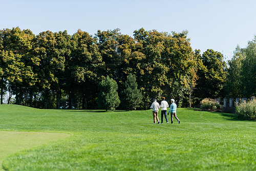 back view of senior multiethnic friends walking on green field with golf clubs