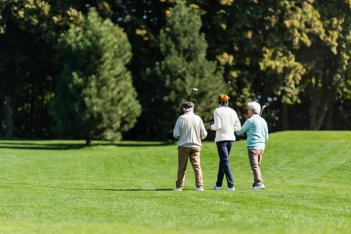 back view of senior multiethnic friends walking with golf clubs on green field near trees