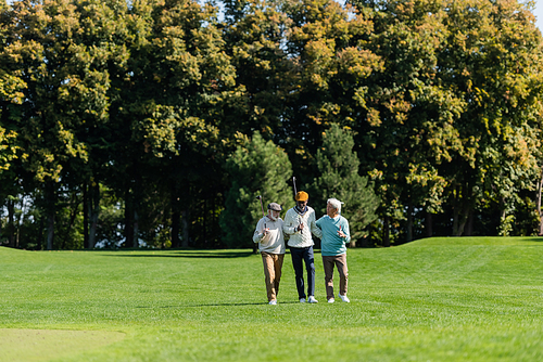 senior multiethnic golfers walking with golf clubs on green field near trees