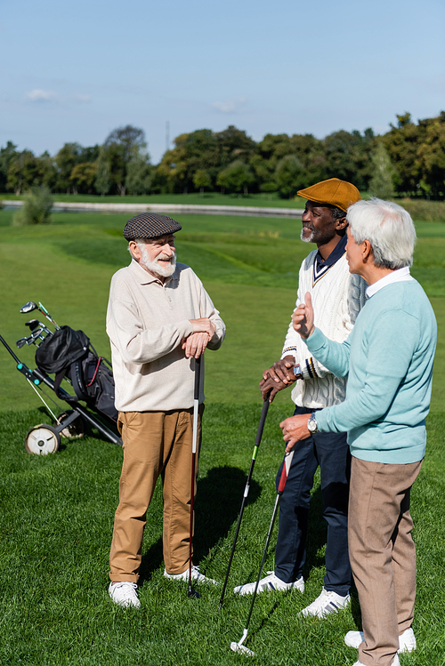 senior multiethnic friends smiling and holding golf clubs on green lawn