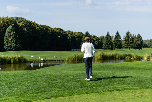 back view of african american man holding golf club and walking on green field