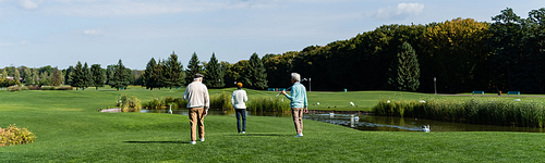 back view of senior multiethnic men with golf clubs walking near pond on green lawn, banner