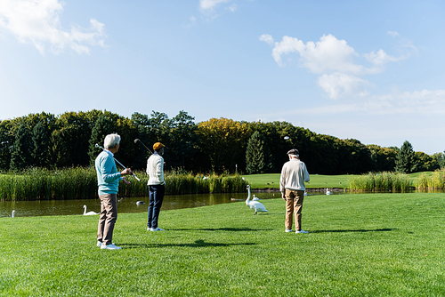 back view of senior multiethnic friends with golf clubs standing on green lawn near pond