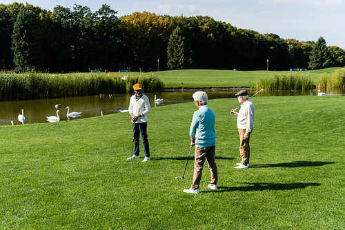 senior multiethnic men playing golf near pond with swans