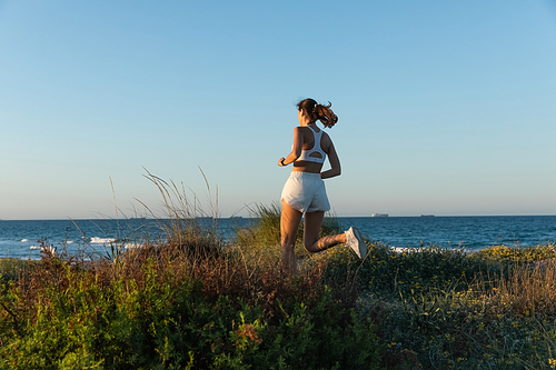 brunette woman in shorts and wireless earphone jogging on grass near sea shore