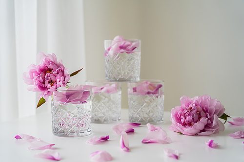 faceted glasses with tonic near pink peonies on white surface and grey background