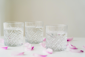 glasses with facetted pattern and tonic near floral petals on white surface isolated on grey