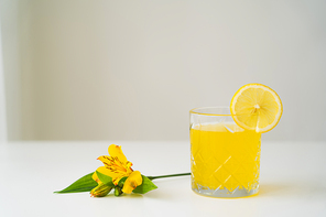yellow peruvian lily near glass with citrus tonic and slice of lemon on white tabletop and grey background