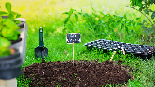 Board with go green lettering in soil near gardening tools and grass in garden
