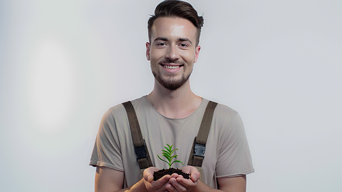 Smiling gardener holding soil and plant on grey background