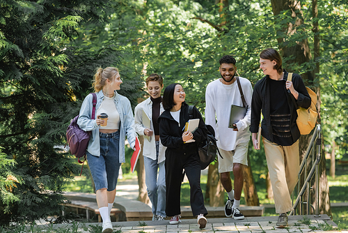 Happy asian student walking near multiethnic friends in park