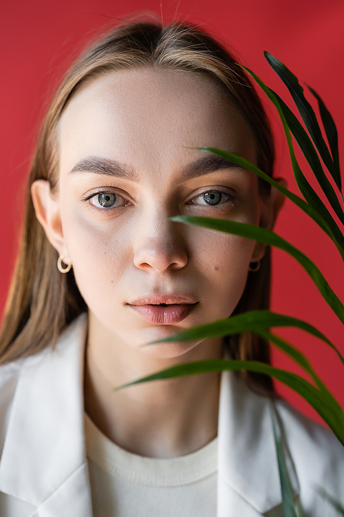 portrait of young woman with natural makeup near exotic leaf isolated on crimson