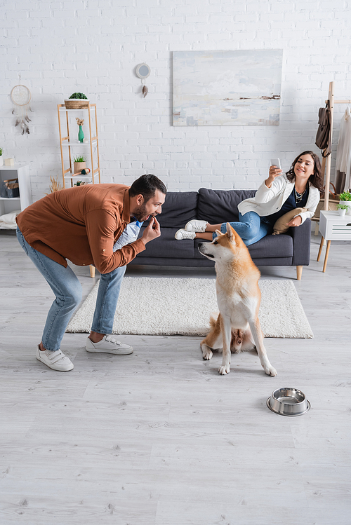 young woman sitting on sofa and taking photo of bearded boyfriend with pet food looking at akita inu dog