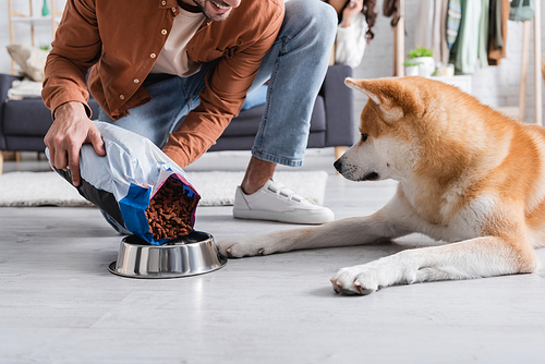 cropped view of happy man adding pet food in bowl near akita inu dog