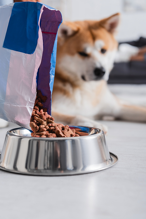 packaging with pet food near bowl and blurred akita inu dog