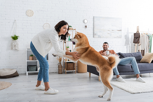 young woman playing with akita inu dog near happy boyfriend with cup of coffee sitting on couch