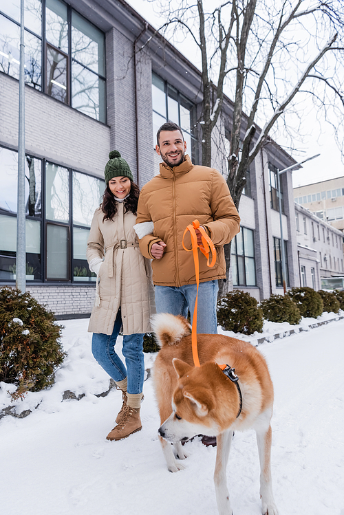 happy man holding leash while walking with smiling girlfriend and akita inu dog
