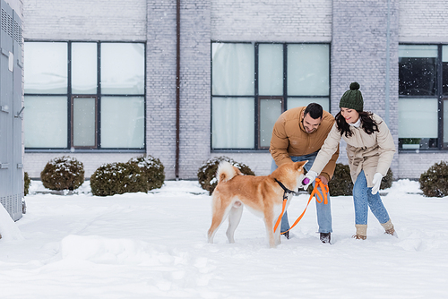 happy couple playing with akita inu dog in winter