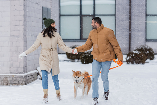 happy man holding hands with girlfriend and walking with akita inu dog