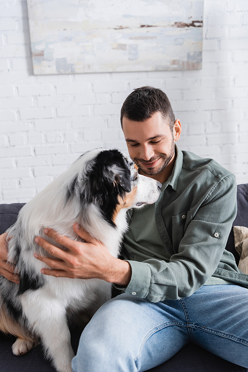 smiling bearded man cuddling australian shepherd dog on couch