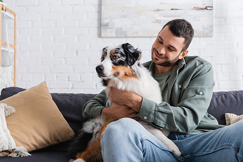 happy bearded man cuddling australian shepherd dog on sofa